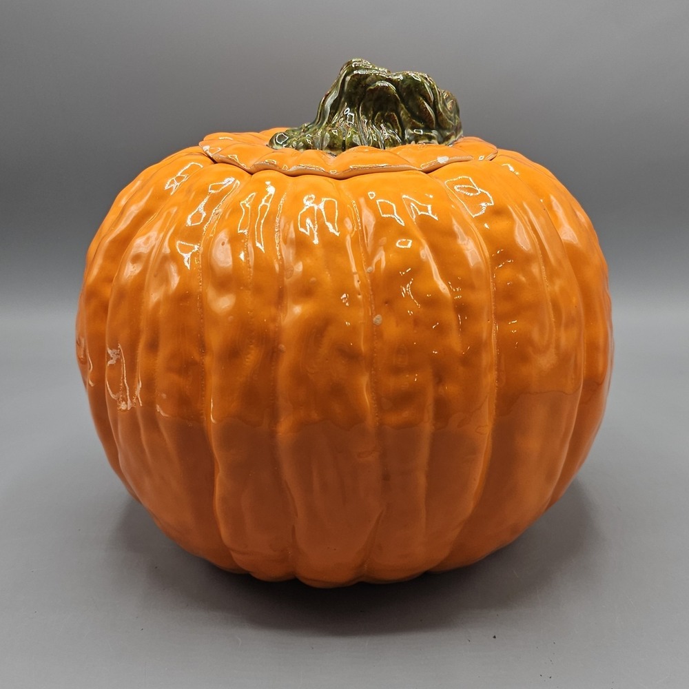Vintage Large Ceramic Pumpkin Cookie Jar w Lid Autumn Halloween Green Stem